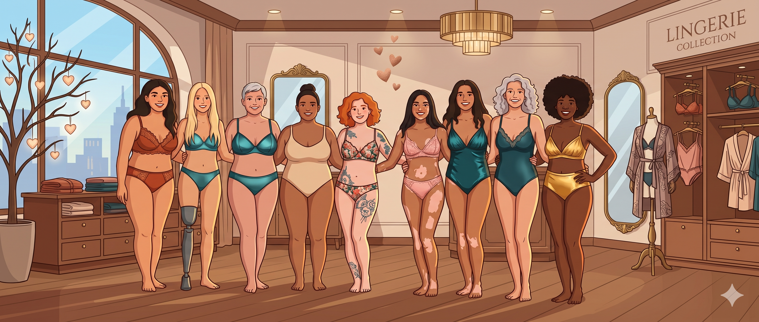 Ilustración de mujeres diversas usando lencería dentro de una boutique elegante